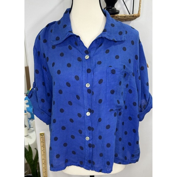 Tops - Made In Italy Top Women Medium‎ Blue Button Down Shirt Polka Dots Pocket Linen